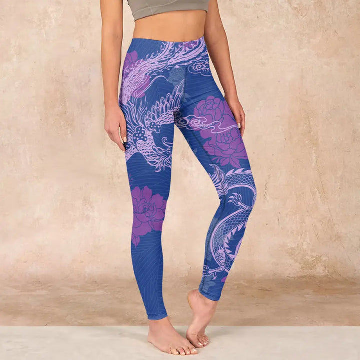 BWOOOH printed yoga leggings - Purple Dragon Phoenix Flowers Print Gym 