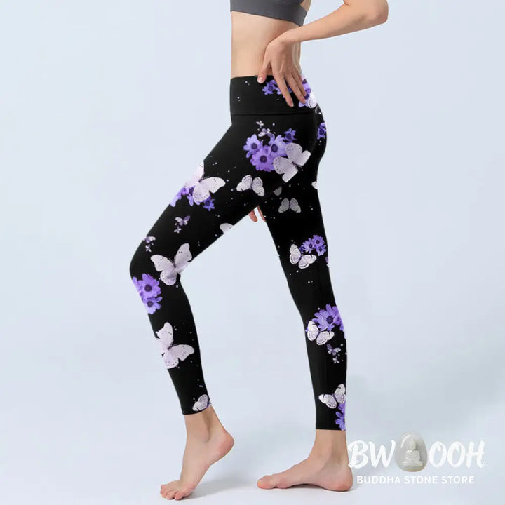 BWOOOH printed yoga leggings - Purple Floral Butterfly Print Exercise L