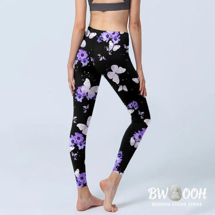BWOOOH printed yoga leggings - Purple Floral Butterfly Print Exercise L