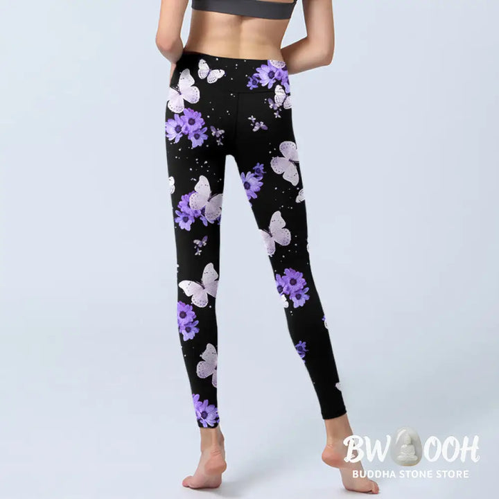 BWOOOH printed yoga leggings - Purple Floral Butterfly Print Exercise L