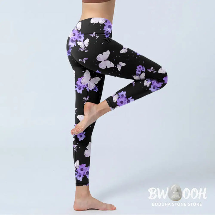 BWOOOH printed yoga leggings - Purple Floral Butterfly Print Exercise L