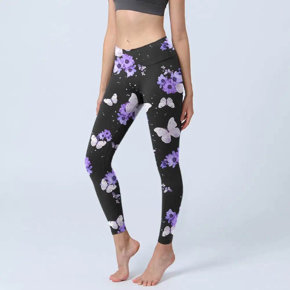 BWOOOH printed yoga leggings - Purple Floral Butterfly Print Exercise L