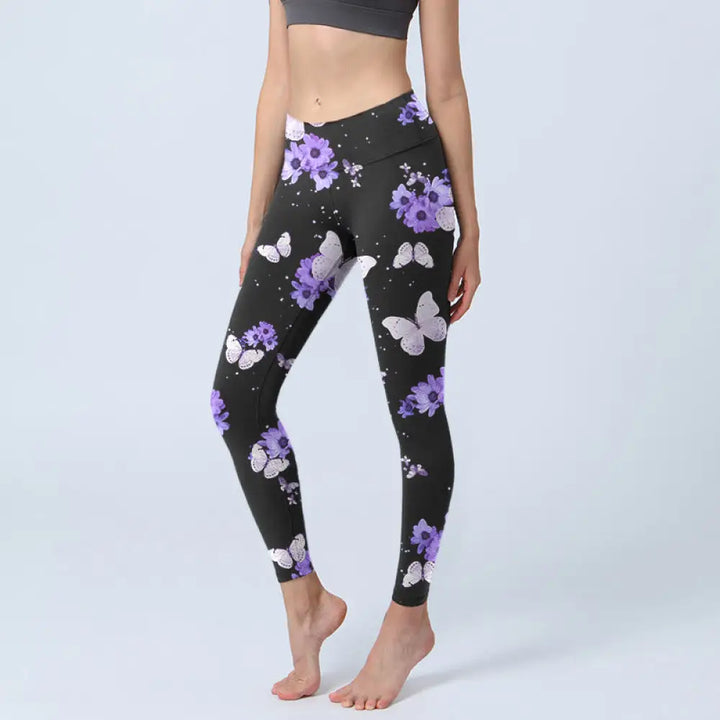 BWOOOH printed yoga leggings - Purple Floral Butterfly Print Exercise L