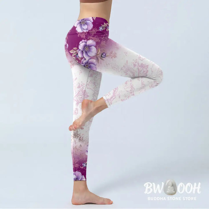 BWOOOH printed yoga leggings - Purple Floral Print Gym Leggings Women&