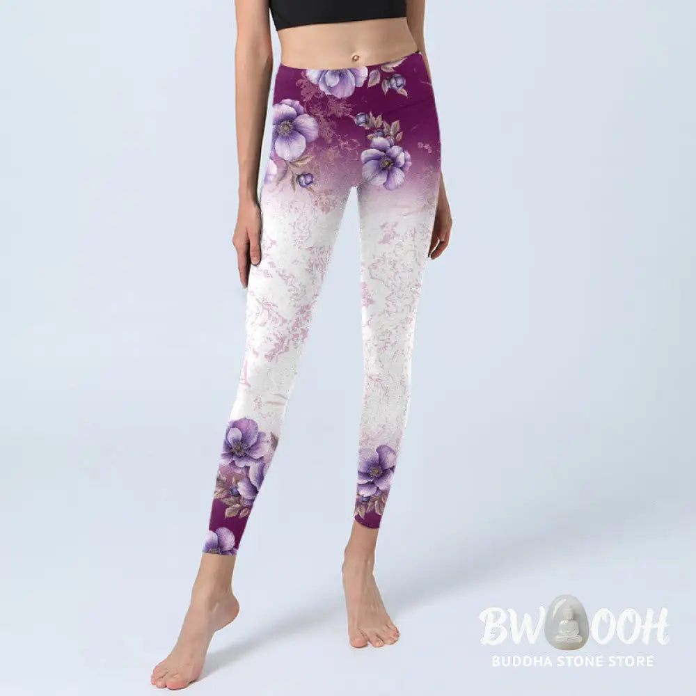 BWOOOH printed yoga leggings - Purple Floral Print Gym Leggings Women&