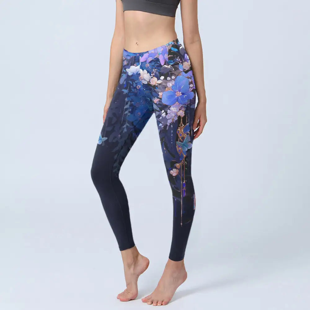BWOOOH printed yoga leggings - Purple Flower Butterfly Pattern Print Gy