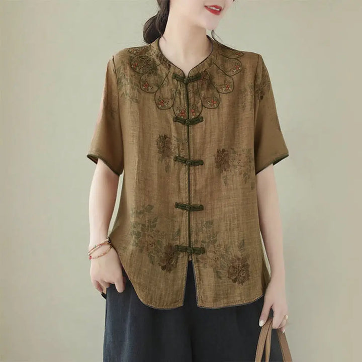 BWOOOH Purple Flower Print Frog-Button Design Shirt