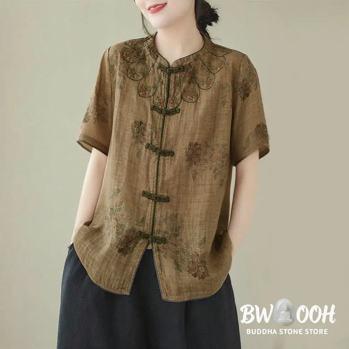 Buddha Stones Purple Flower Print Frog-Button Design Shirt - Women’s Shirts