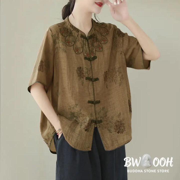Buddha Stones Purple Flower Print Frog-Button Design Shirt - Women’s Shirts
