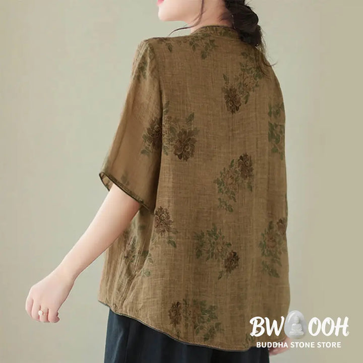 Buddha Stones Purple Flower Print Frog-Button Design Shirt - Women’s Shirts