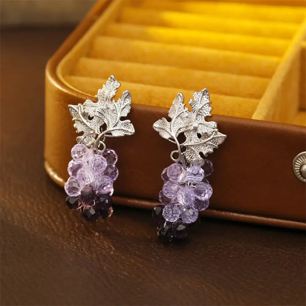 Buddha Stones Purple Grape Leaves Copper Wealth Stud Earrings - Grape(925 Sterling Silver Posts) - Earrings