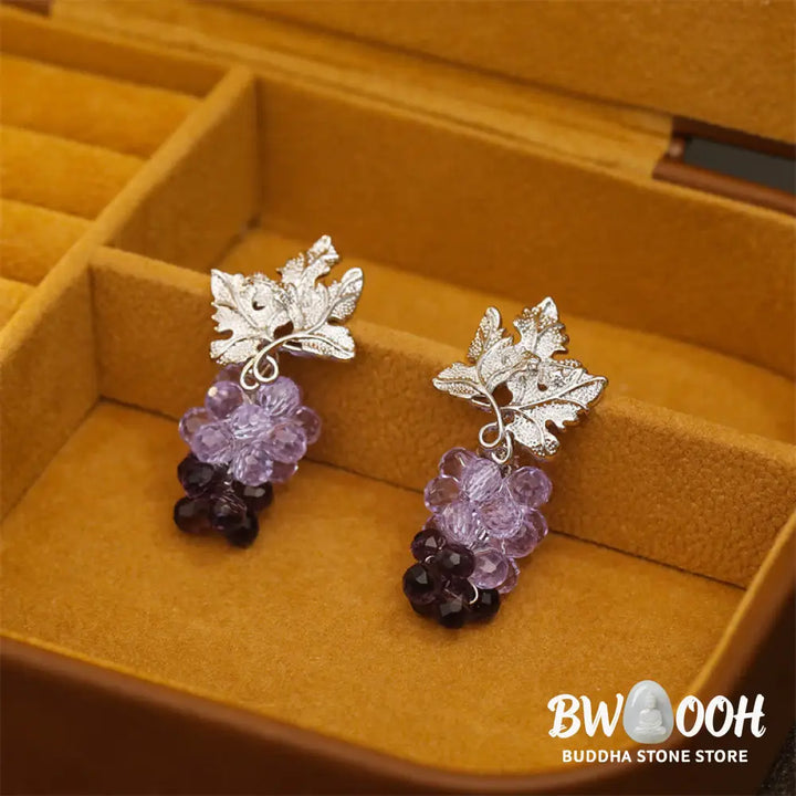 Buddha Stones Purple Grape Leaves Copper Wealth Stud Earrings - Grape(925 Sterling Silver Posts) - Earrings