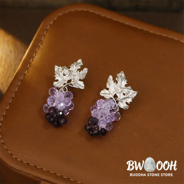 Buddha Stones Purple Grape Leaves Copper Wealth Stud Earrings - Grape(925 Sterling Silver Posts) - Earrings