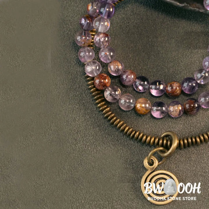 Buddha Stones Purple Phantom Red Hematoid Quartz Green Rutilated Quartz Copper Love Forgive Bracelet - BWOOOH - Bracelet