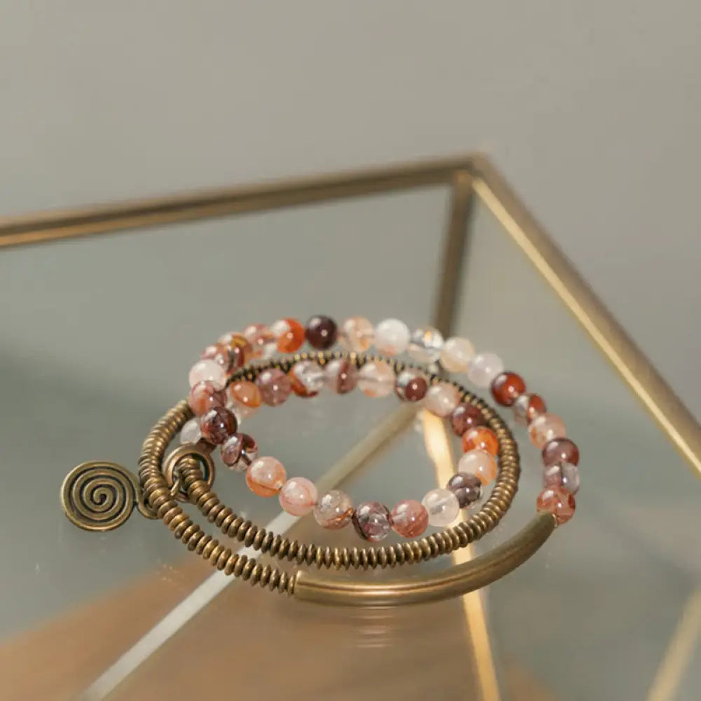 Buddha Stones Purple Phantom Red Hematoid Quartz Green Rutilated Quartz Copper Love Forgive Bracelet - BWOOOH - Red