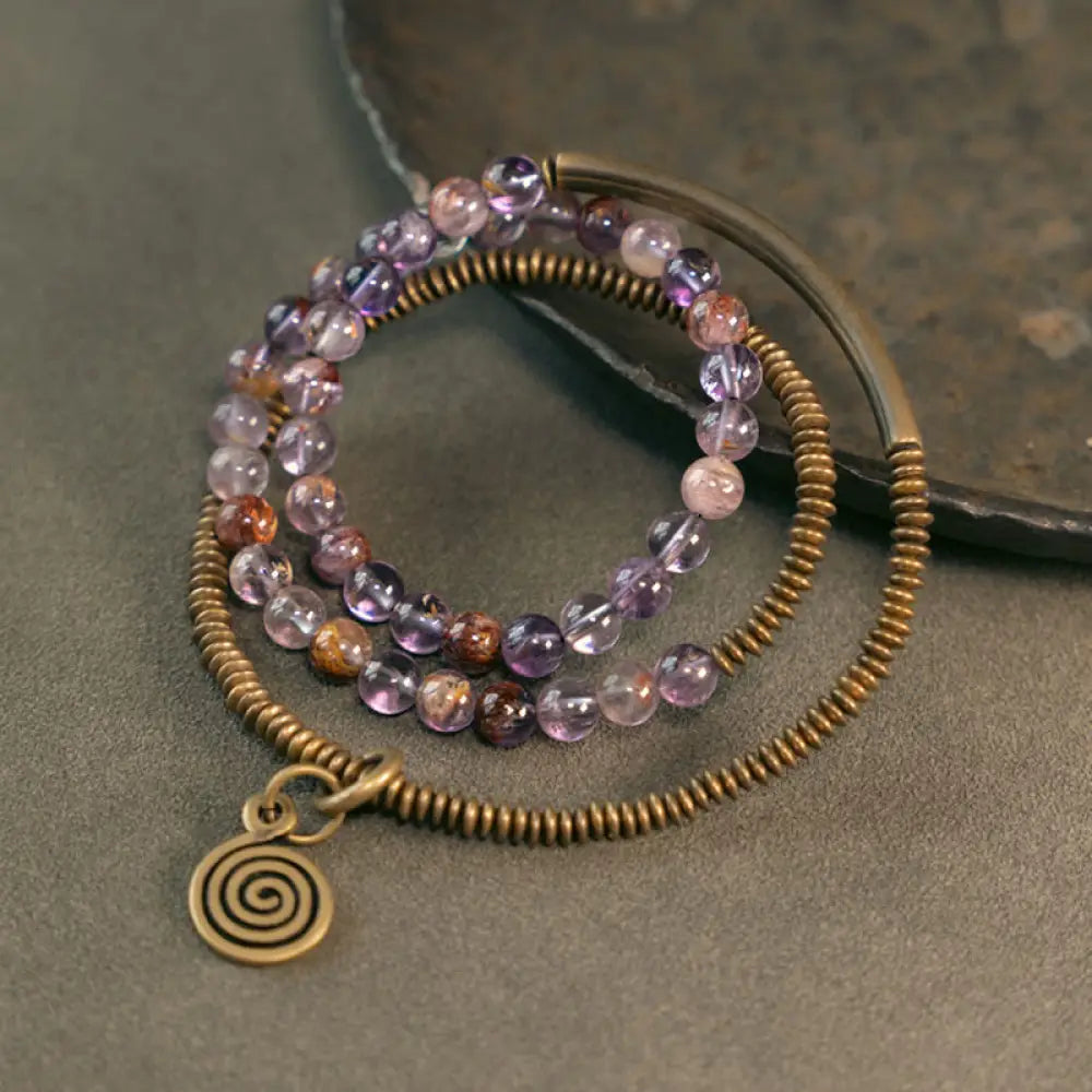 BWOOOH Purple Phantom Red Hematoid Quartz Green Rutilated Quartz Copper Love Forgive Bracelet - BWOOOH - Purple