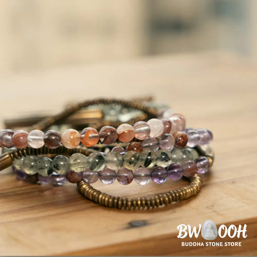 Buddha Stones Purple Phantom Red Hematoid Quartz Green Rutilated Quartz Copper Love Forgive Bracelet - BWOOOH - Bracelet