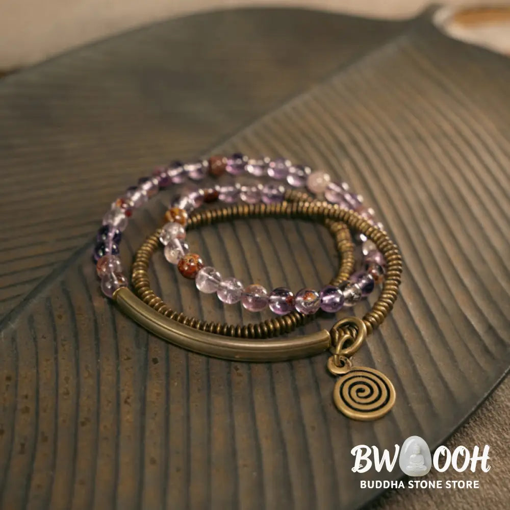 Buddha Stones Purple Phantom Red Hematoid Quartz Green Rutilated Quartz Copper Love Forgive Bracelet - BWOOOH - Bracelet