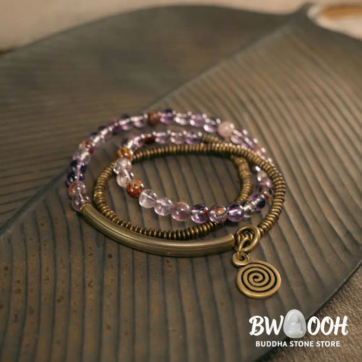 Buddha Stones Purple Phantom Red Hematoid Quartz Green Rutilated Quartz Copper Love Forgive Bracelet - BWOOOH - Bracelet