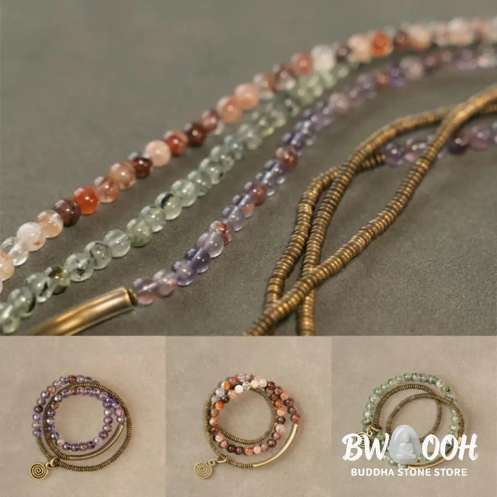 Buddha Stones Purple Phantom Red Hematoid Quartz Green Rutilated Quartz Copper Love Forgive Bracelet - BWOOOH - Bracelet