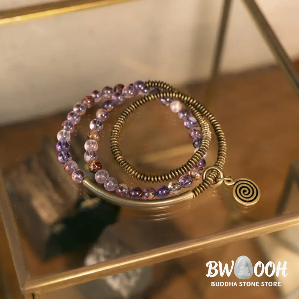Buddha Stones Purple Phantom Red Hematoid Quartz Green Rutilated Quartz Copper Love Forgive Bracelet - BWOOOH - Bracelet