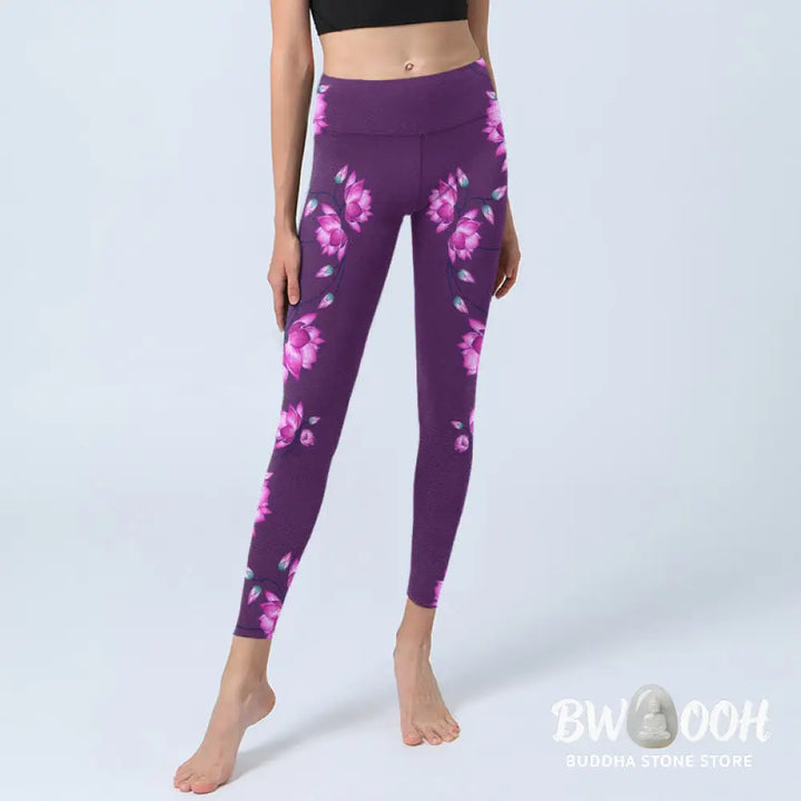 BWOOOH lotus print yoga leggings - Purple Pink Lotus Flower Print Gym Leggi