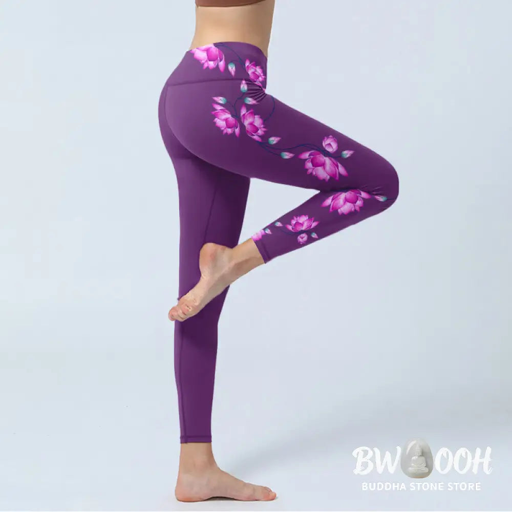 BWOOOH lotus print yoga leggings - Purple Pink Lotus Flower Print Gym Leggi