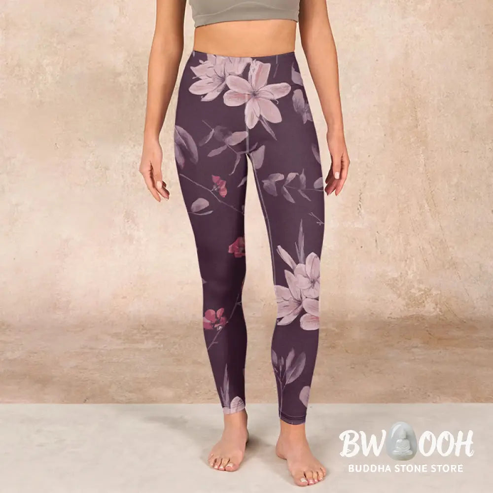 BWOOOH lotus print yoga leggings - Purple White Flowers Leaves Blossom Prin