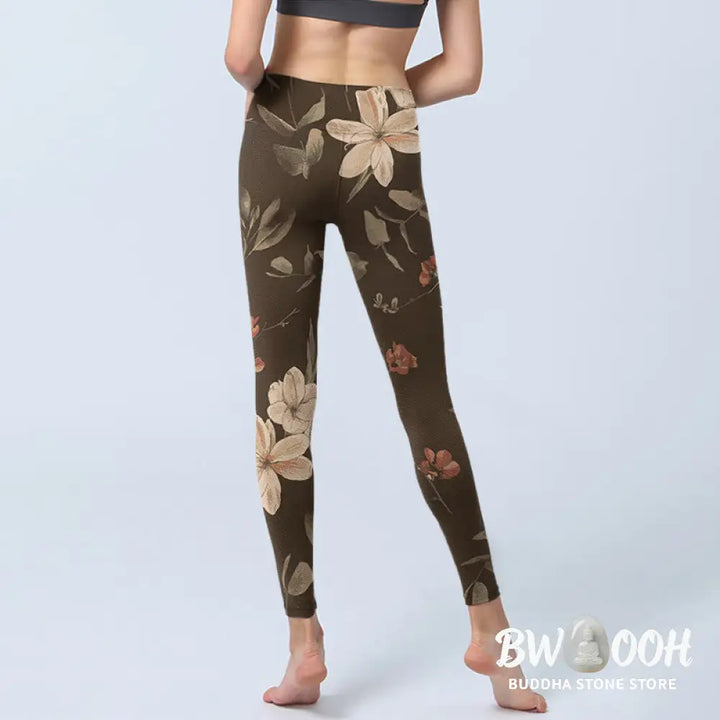 BWOOOH lotus print yoga leggings - Purple White Flowers Leaves Blossom Prin