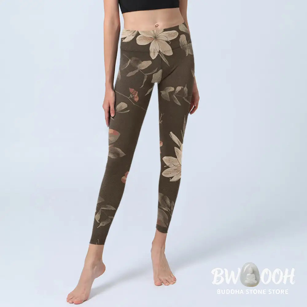 BWOOOH lotus print yoga leggings - Purple White Flowers Leaves Blossom Prin