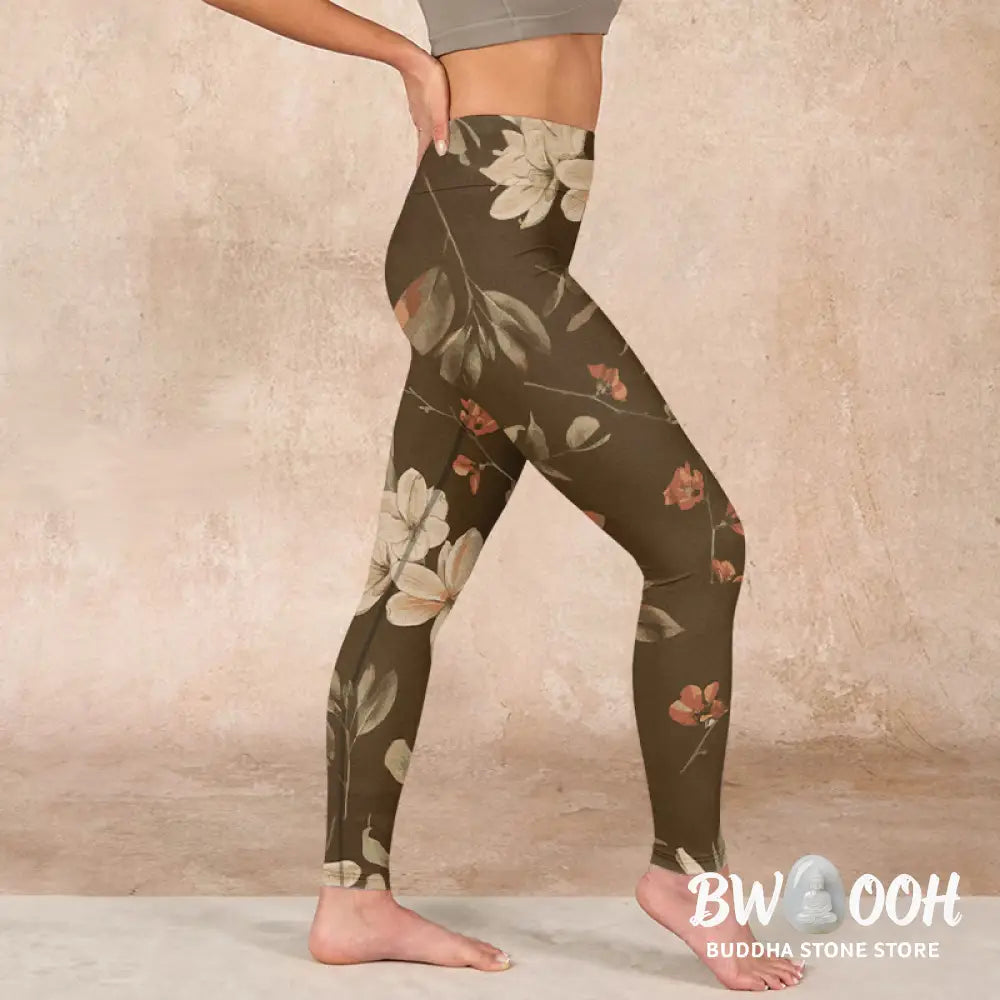 BWOOOH lotus print yoga leggings - Purple White Flowers Leaves Blossom Prin
