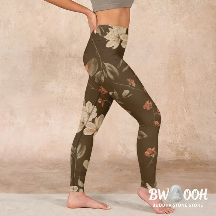 BWOOOH lotus print yoga leggings - Purple White Flowers Leaves Blossom Prin