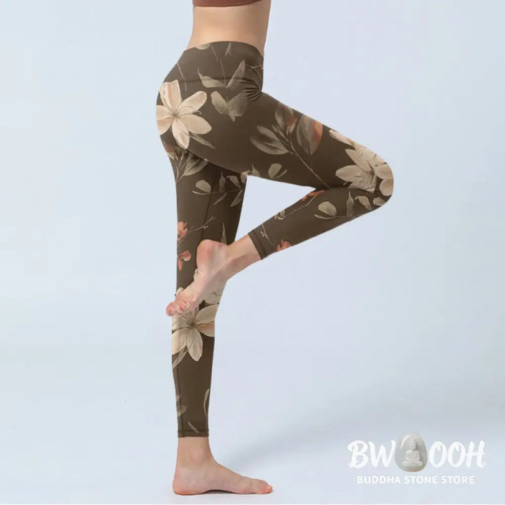 BWOOOH lotus print yoga leggings - Purple White Flowers Leaves Blossom Prin
