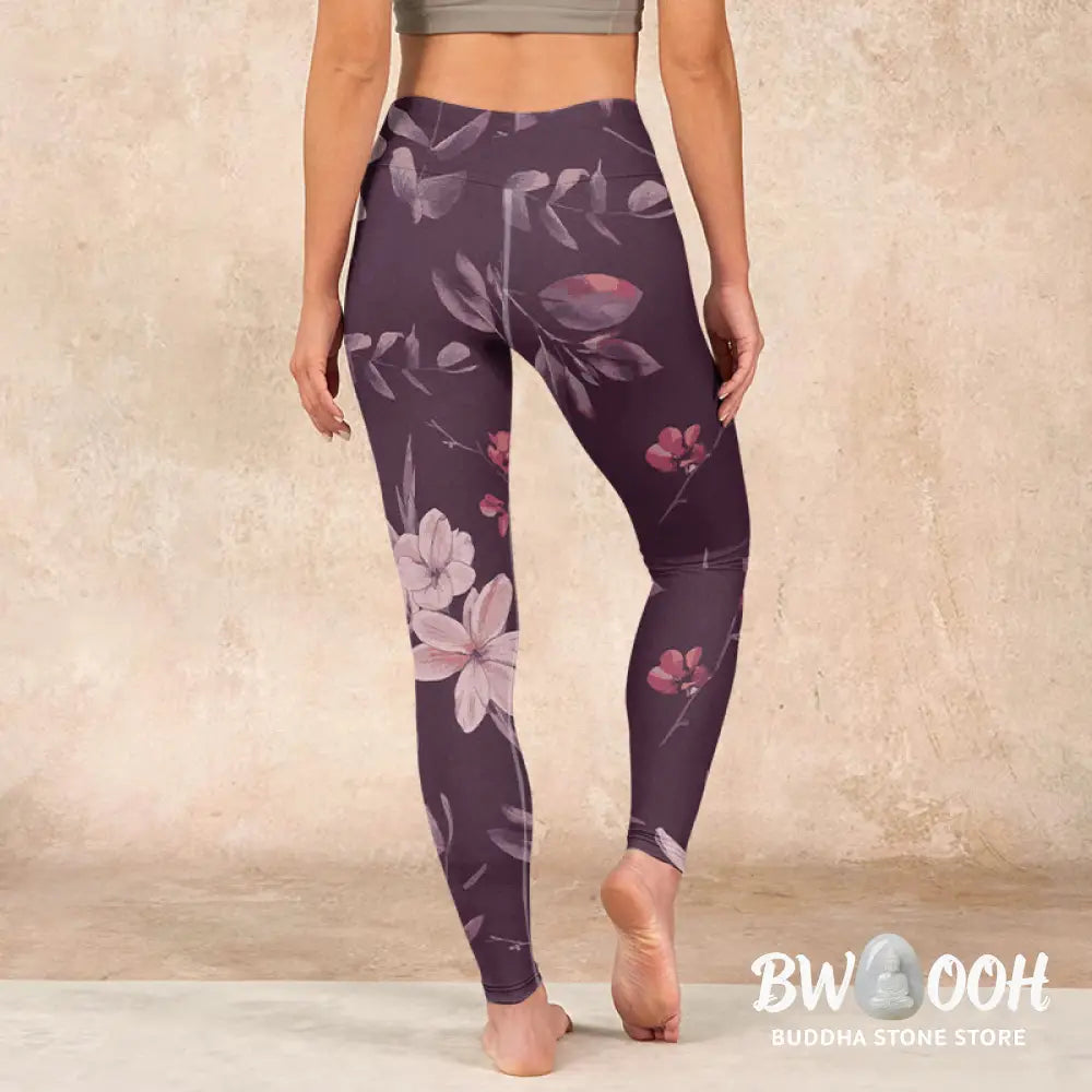 BWOOOH lotus print yoga leggings - Purple White Flowers Leaves Blossom Prin