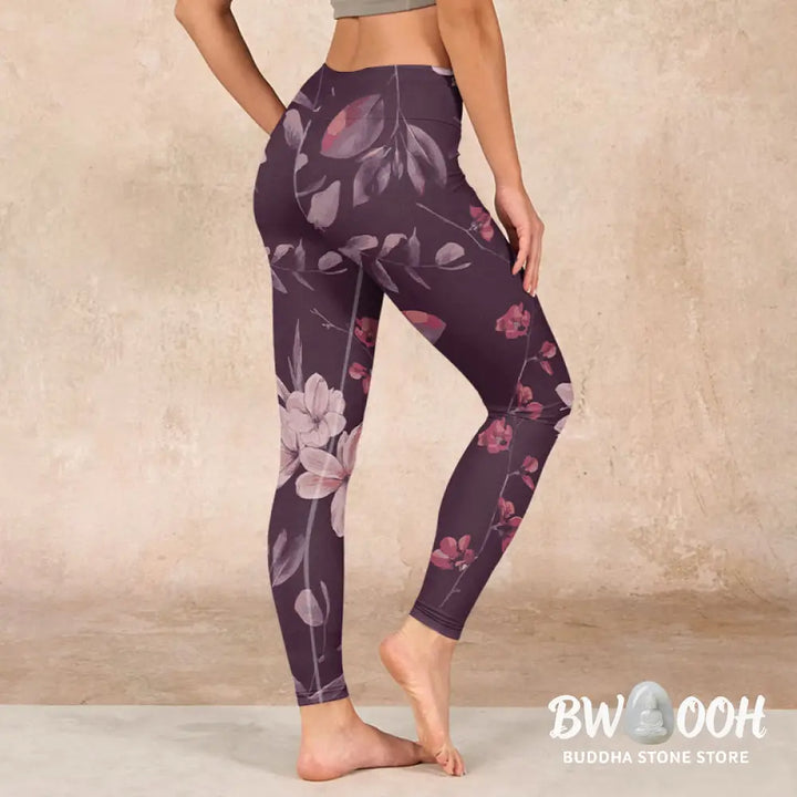 BWOOOH lotus print yoga leggings - Purple White Flowers Leaves Blossom Prin