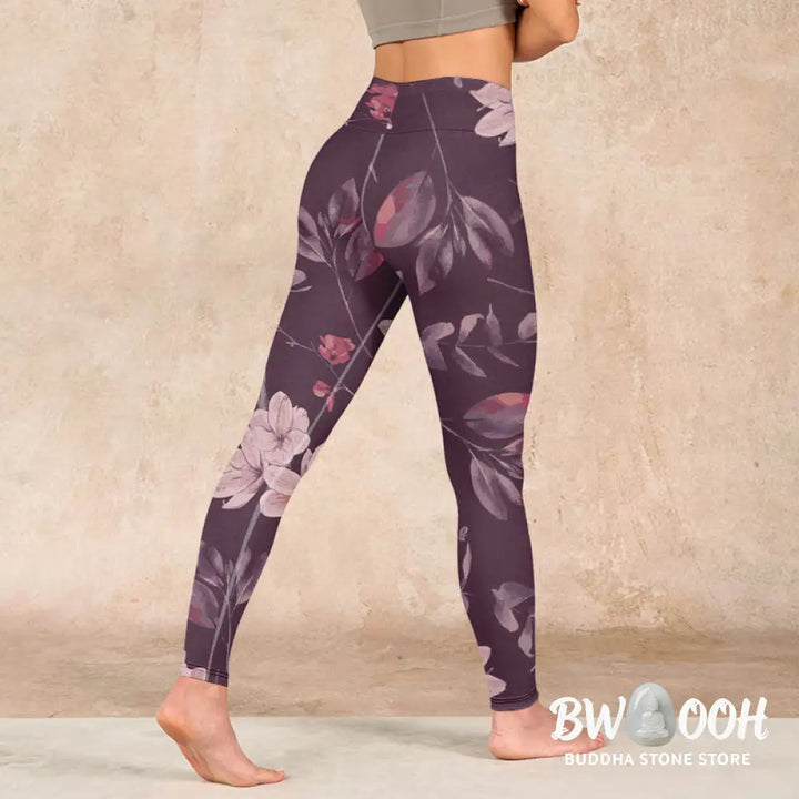 BWOOOH lotus print yoga leggings - Purple White Flowers Leaves Blossom Prin