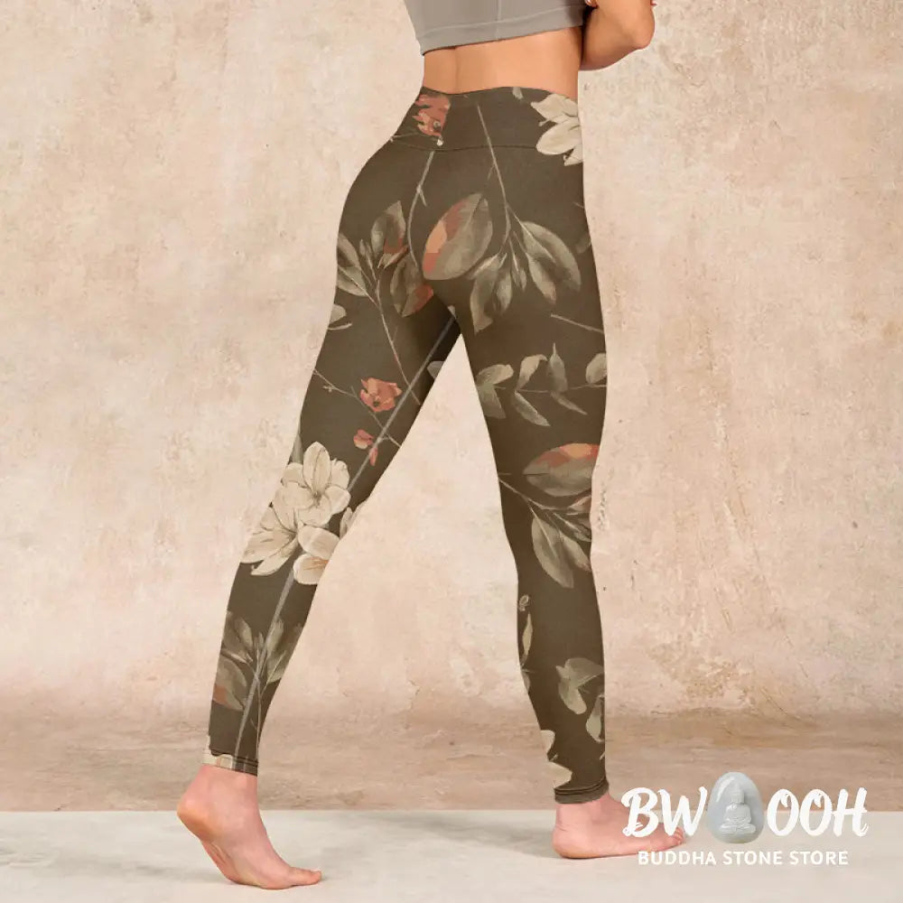 BWOOOH lotus print yoga leggings - Purple White Flowers Leaves Blossom Prin