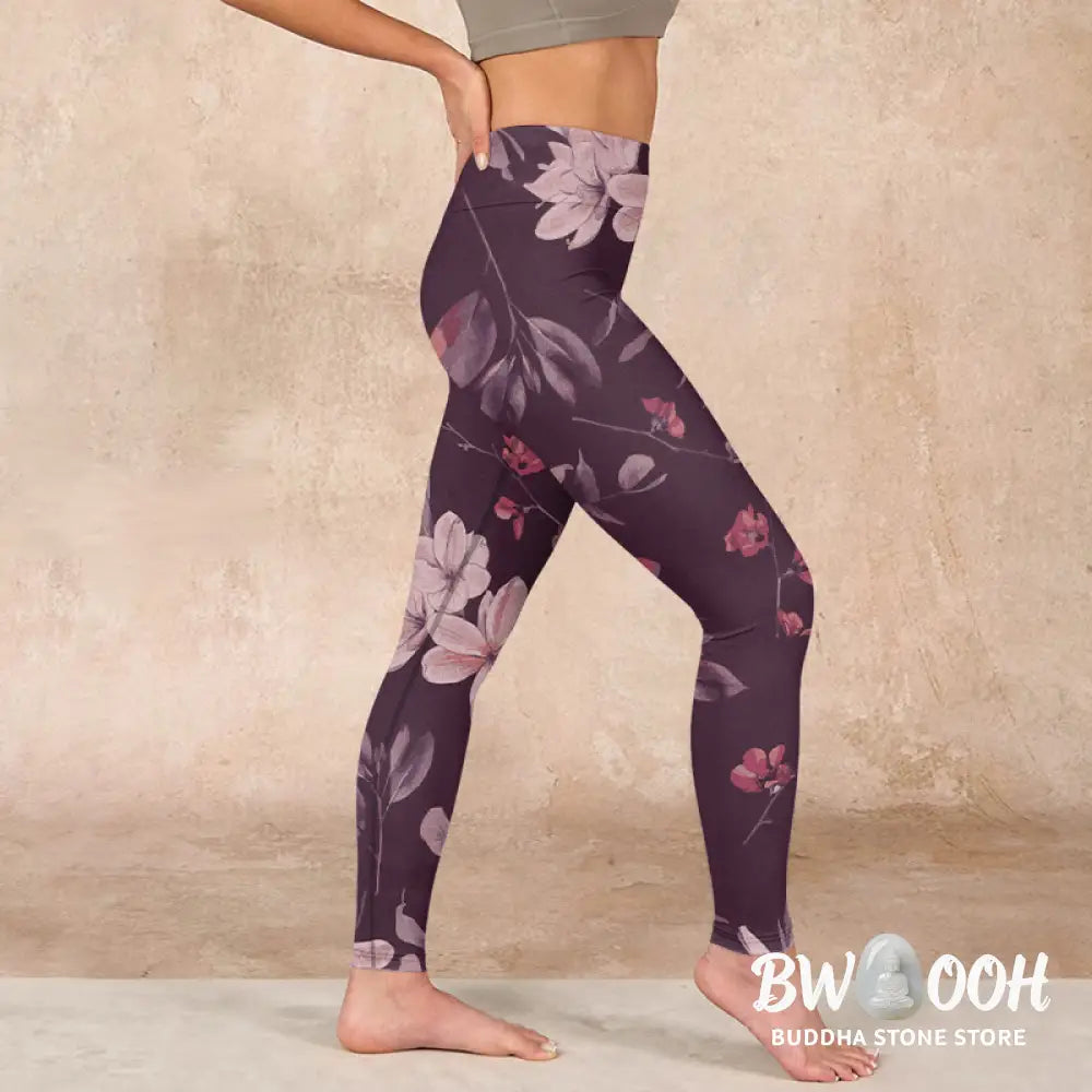 BWOOOH lotus print yoga leggings - Purple White Flowers Leaves Blossom Prin