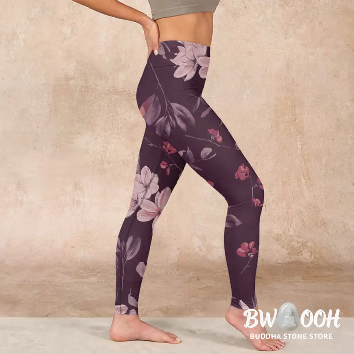 BWOOOH lotus print yoga leggings - Purple White Flowers Leaves Blossom Prin