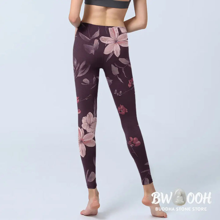 BWOOOH lotus print yoga leggings - Purple White Flowers Leaves Blossom Prin