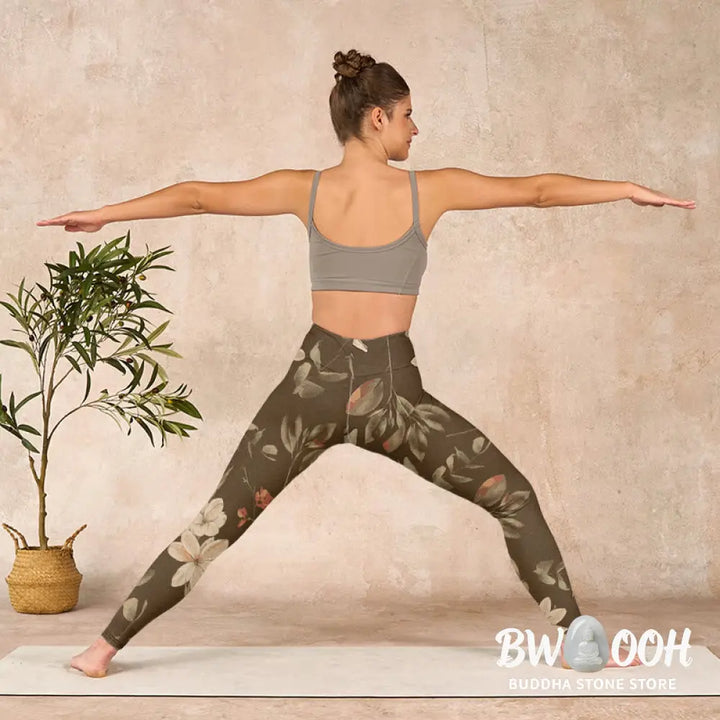 BWOOOH lotus print yoga leggings - Purple White Flowers Leaves Blossom Prin