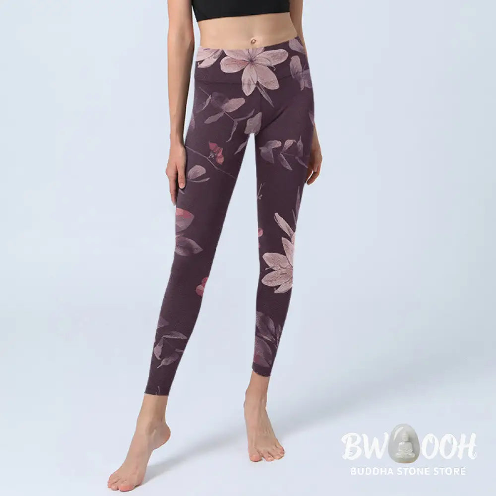 BWOOOH lotus print yoga leggings - Purple White Flowers Leaves Blossom Prin