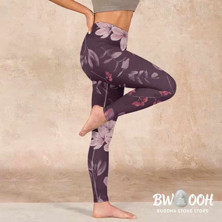 BWOOOH lotus print yoga leggings - Purple White Flowers Leaves Blossom Prin