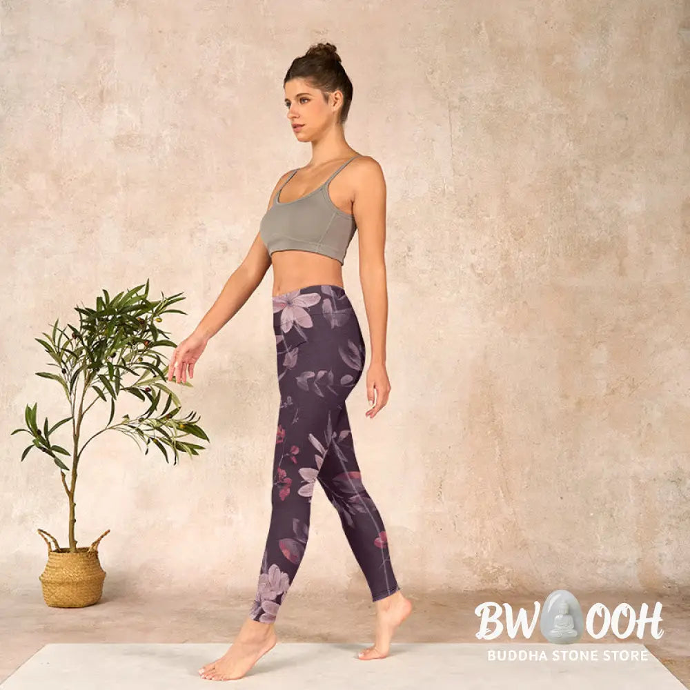 BWOOOH lotus print yoga leggings - Purple White Flowers Leaves Blossom Prin