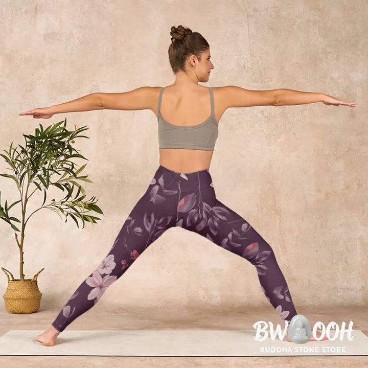 BWOOOH lotus print yoga leggings - Purple White Flowers Leaves Blossom Prin