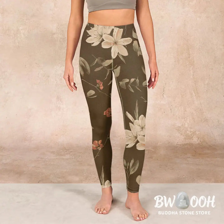 BWOOOH lotus print yoga leggings - Purple White Flowers Leaves Blossom Prin