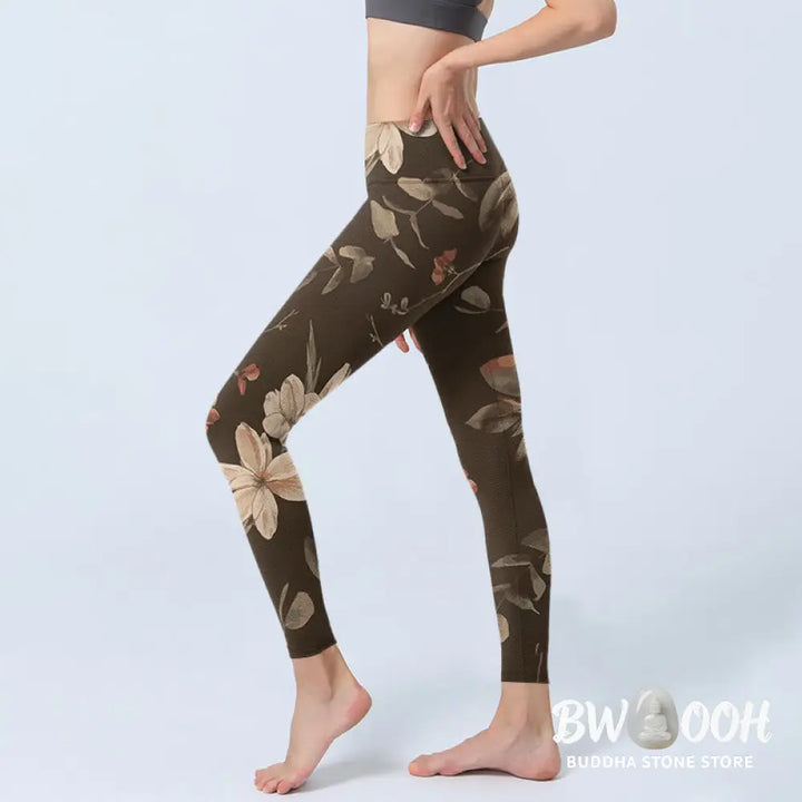 BWOOOH lotus print yoga leggings - Purple White Flowers Leaves Blossom Prin