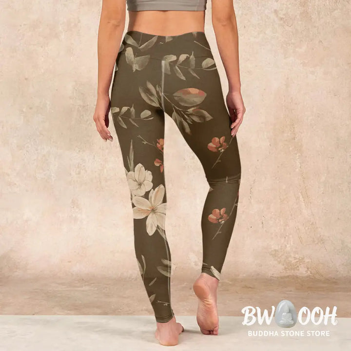 BWOOOH lotus print yoga leggings - Purple White Flowers Leaves Blossom Prin