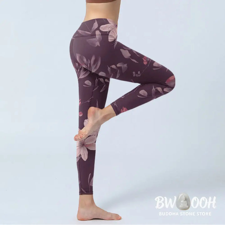 BWOOOH lotus print yoga leggings - Purple White Flowers Leaves Blossom Prin