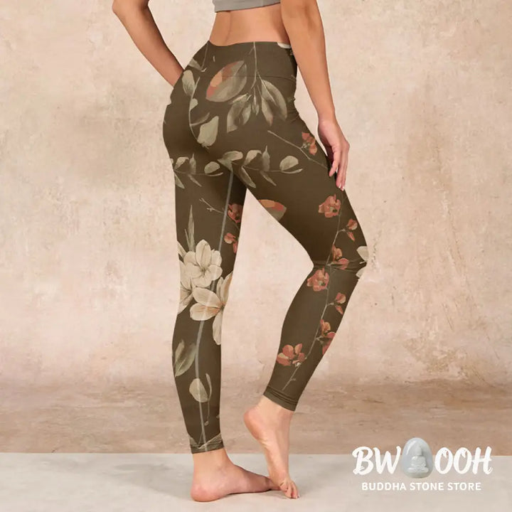 BWOOOH lotus print yoga leggings - Purple White Flowers Leaves Blossom Prin
